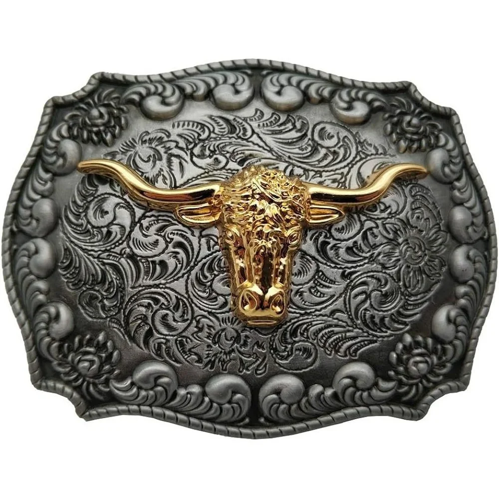 4x3 inch Mens Metal Long Horns Black Golden Texas Belt Buckles